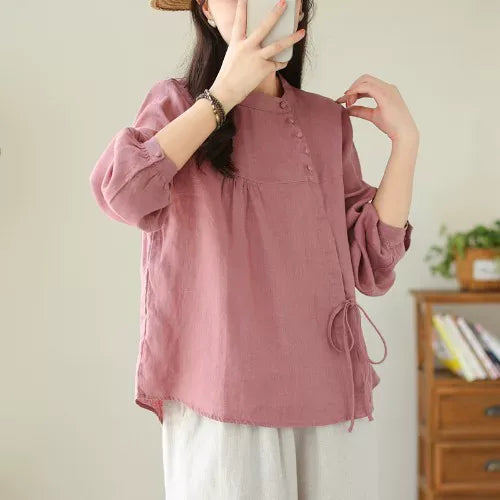 Asymmetrical Placket Shirt with Side Tie and Covered Buttons - Red