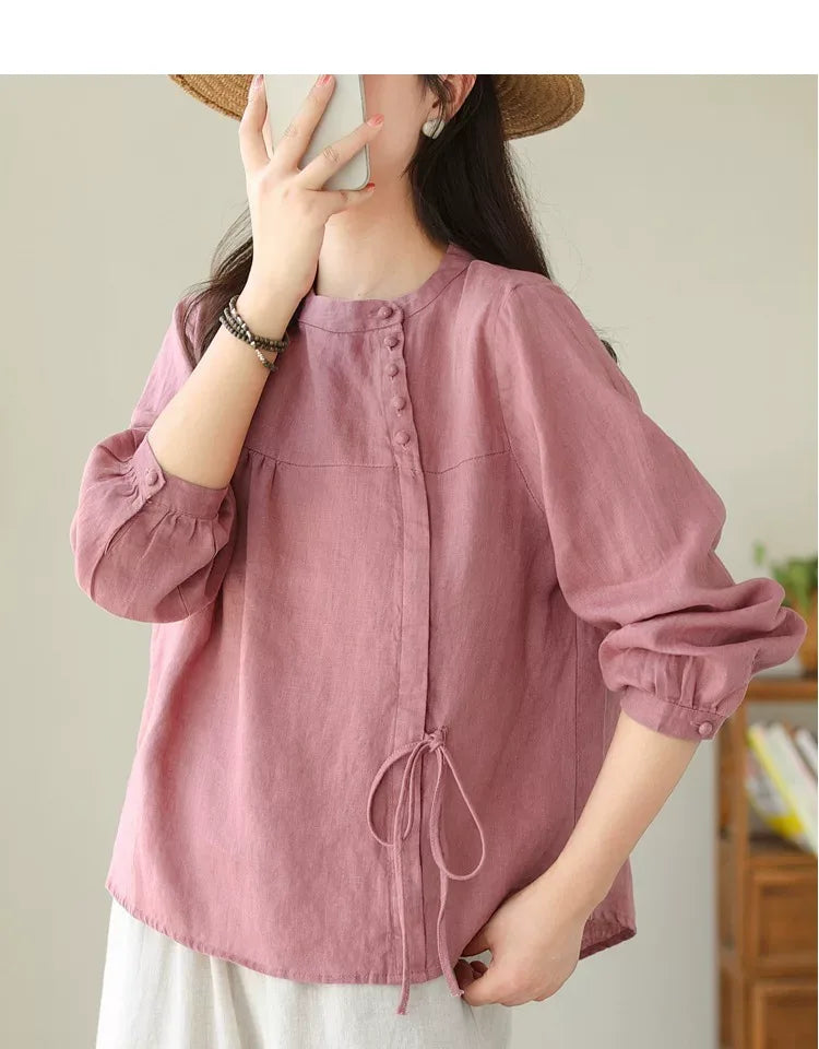 Asymmetrical Placket Shirt with Side Tie and Covered Buttons