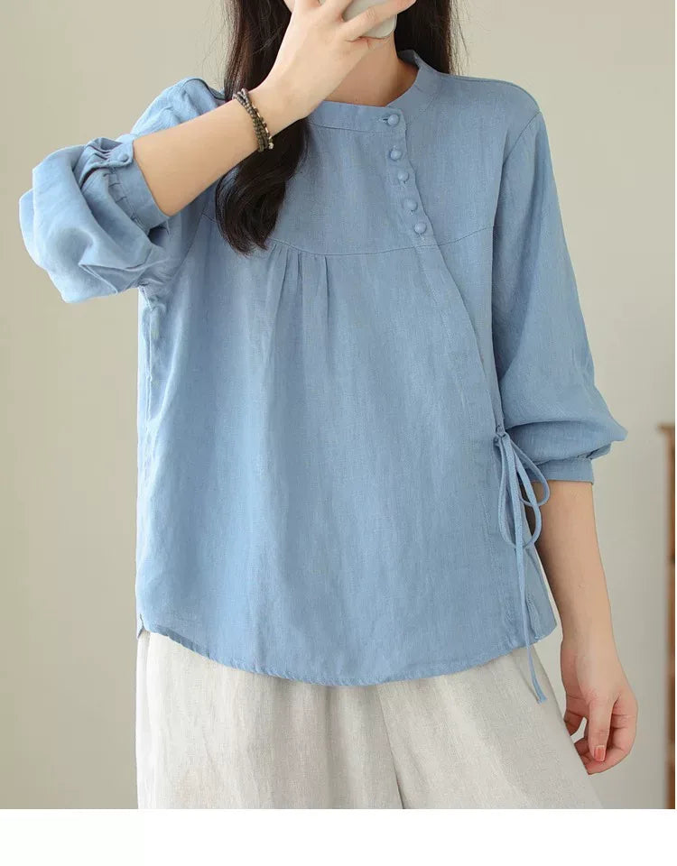 Asymmetrical Placket Shirt with Side Tie and Covered Buttons