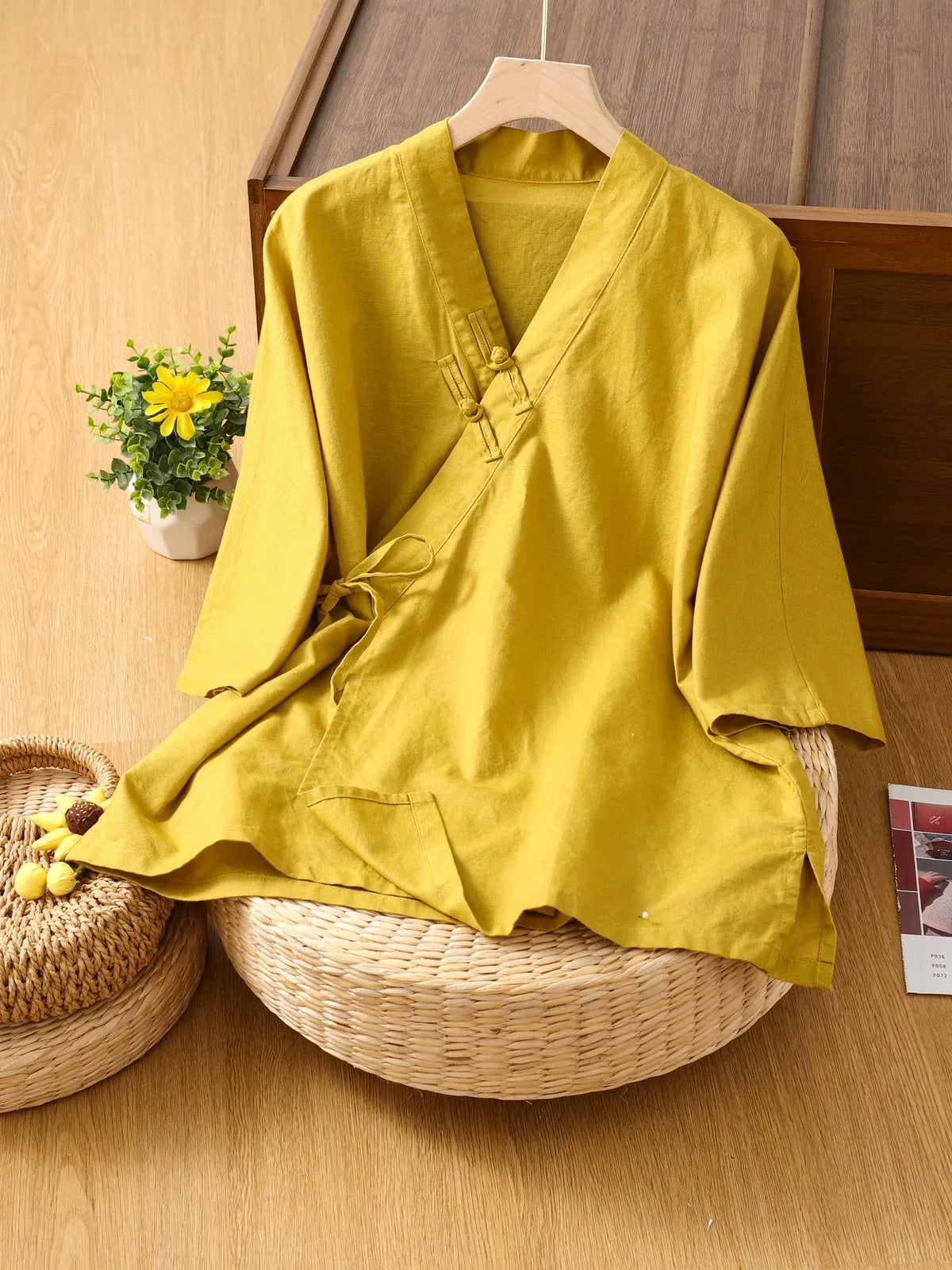Asymmetrical Wrap Front Shirt with Tie Closure and Patch Pocket