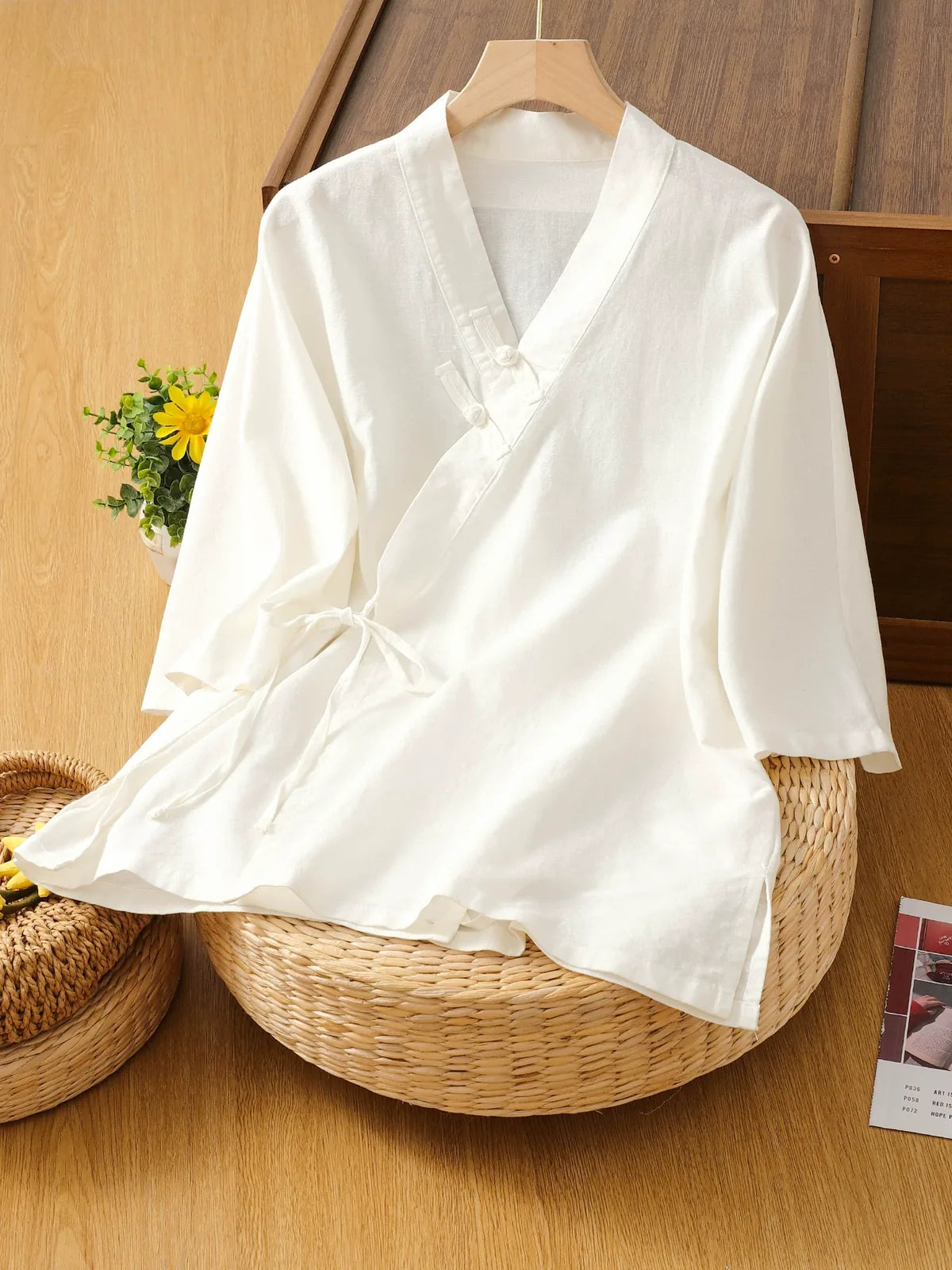 Asymmetrical Wrap Front Shirt with Tie Closure and Patch Pocket