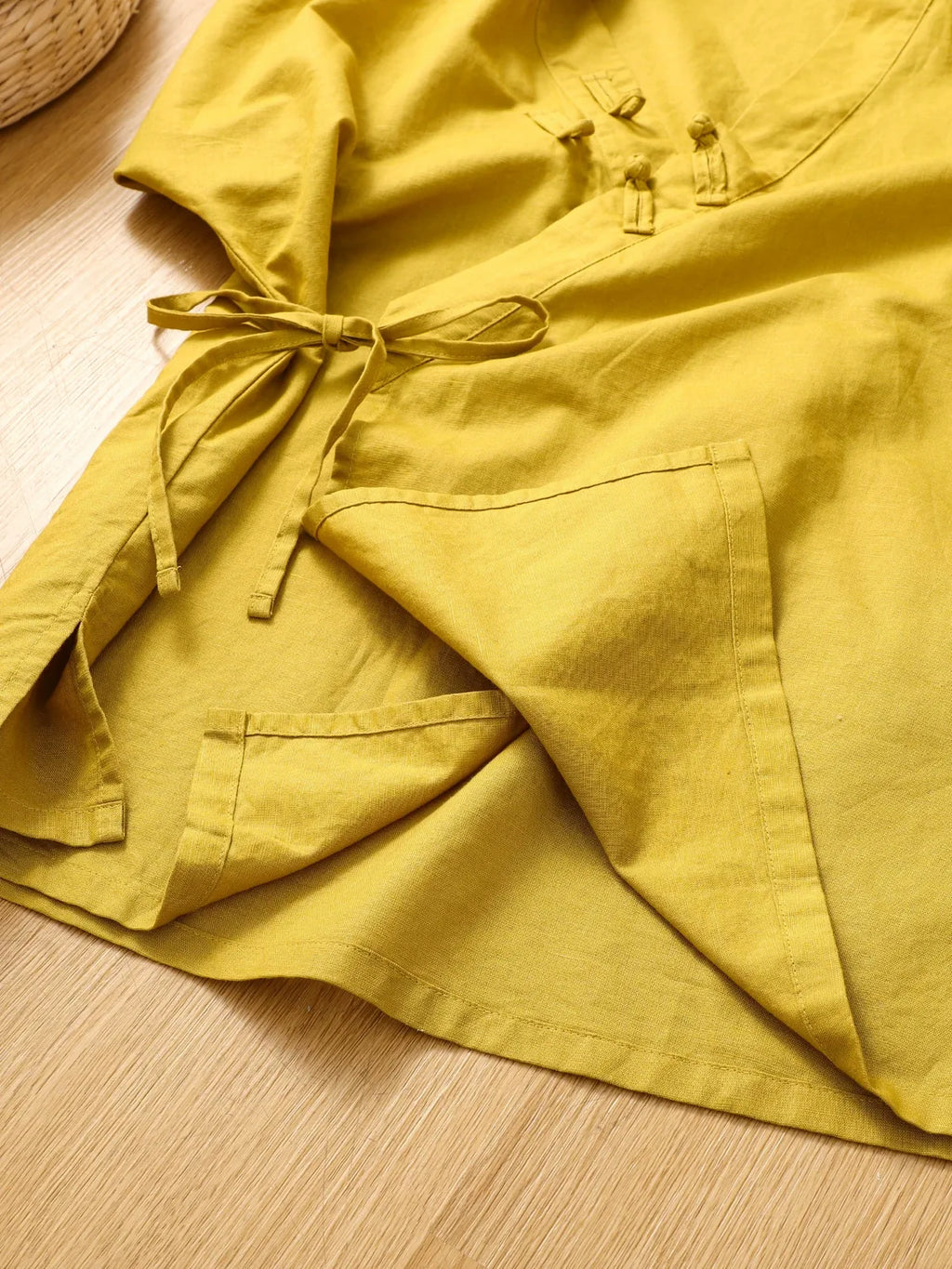 Asymmetrical Wrap Front Shirt with Tie Closure and Patch Pocket