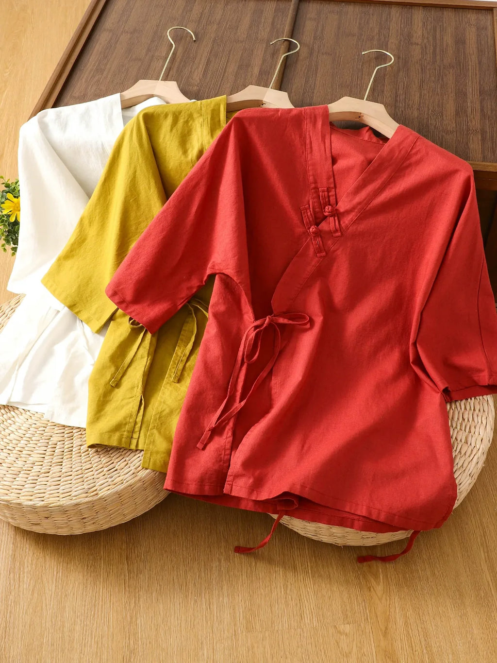 Asymmetrical Wrap Front Shirt with Tie Closure and Patch Pocket
