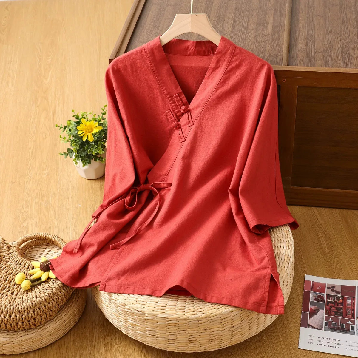 Asymmetrical Wrap Front Shirt with Tie Closure and Patch Pocket - Yellow