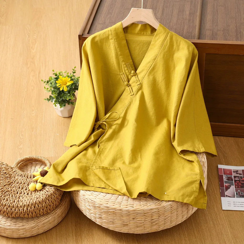 Asymmetrical Wrap Front Shirt with Tie Closure and Patch Pocket - Red