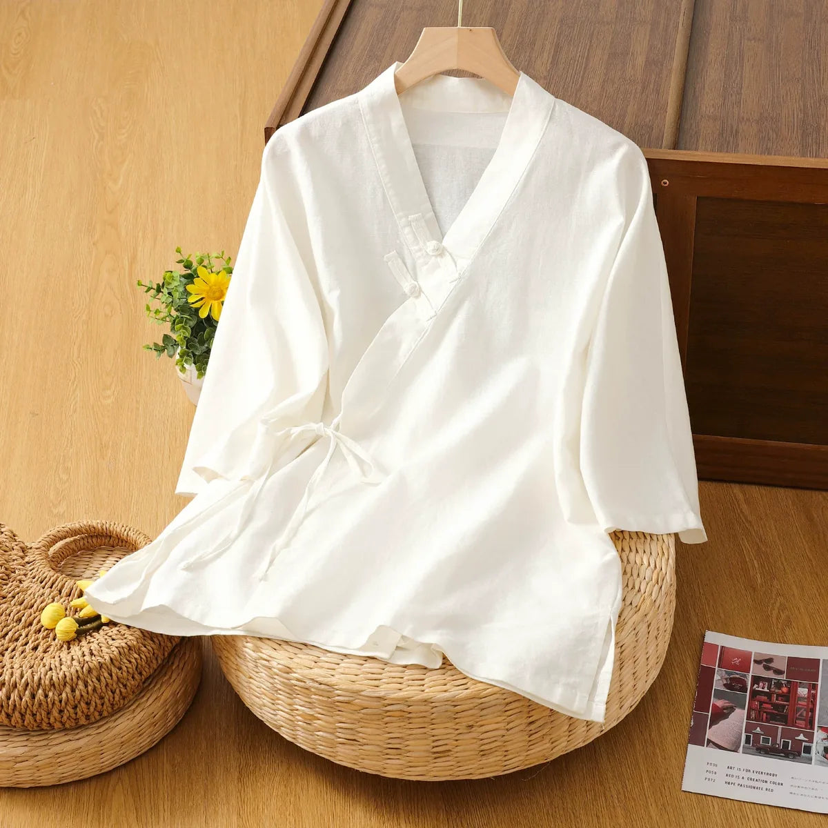 Asymmetrical Wrap Front Shirt with Tie Closure and Patch Pocket - White