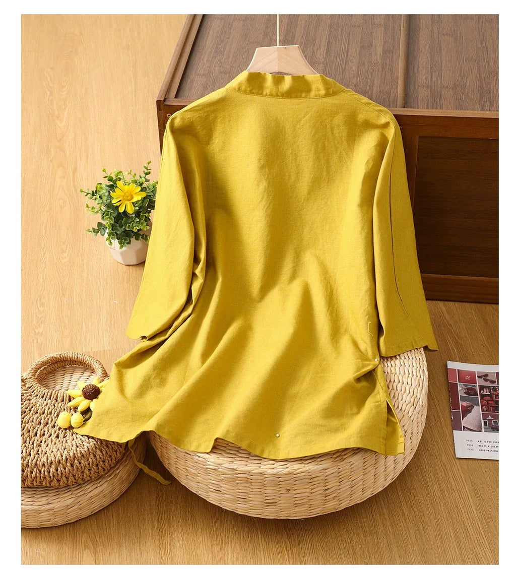 Asymmetrical Wrap Front Shirt with Tie Closure and Patch Pocket