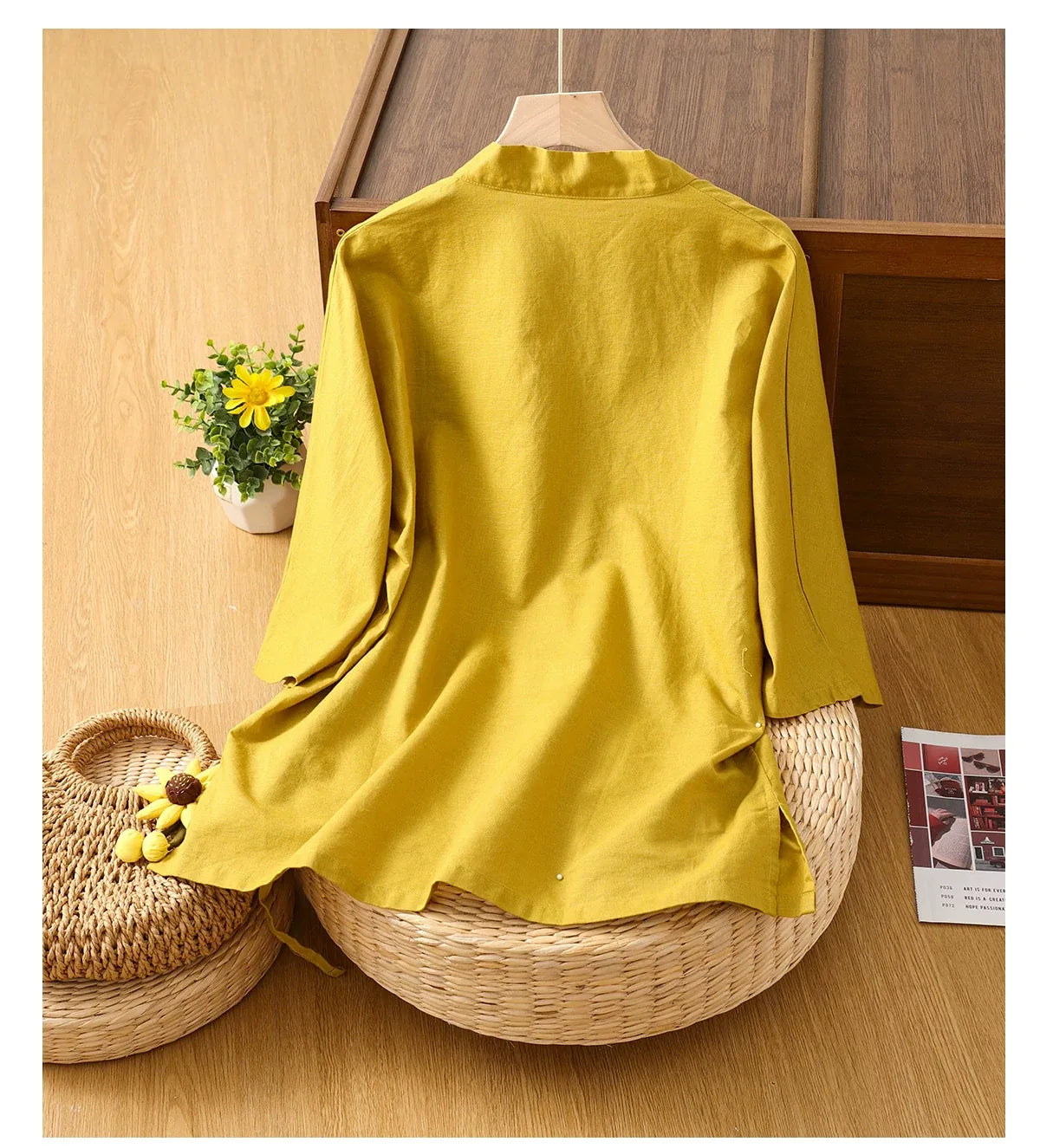 Asymmetrical Wrap Front Shirt with Tie Closure and Patch Pocket