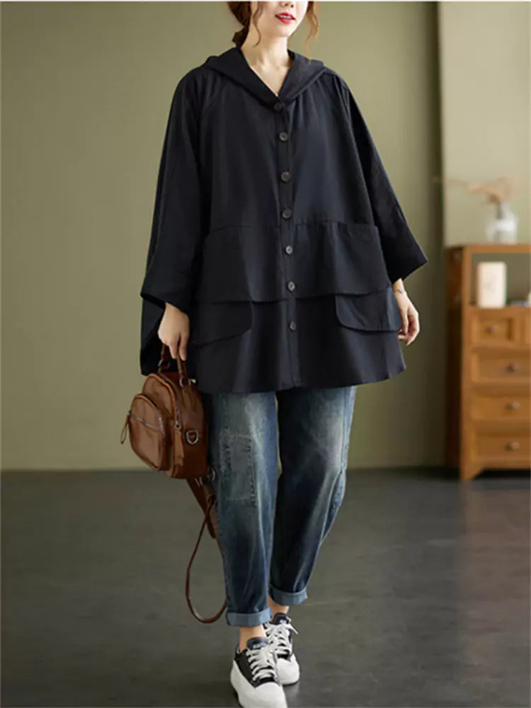 Chic Baggy Button Up Hooded Coat Big Pocket