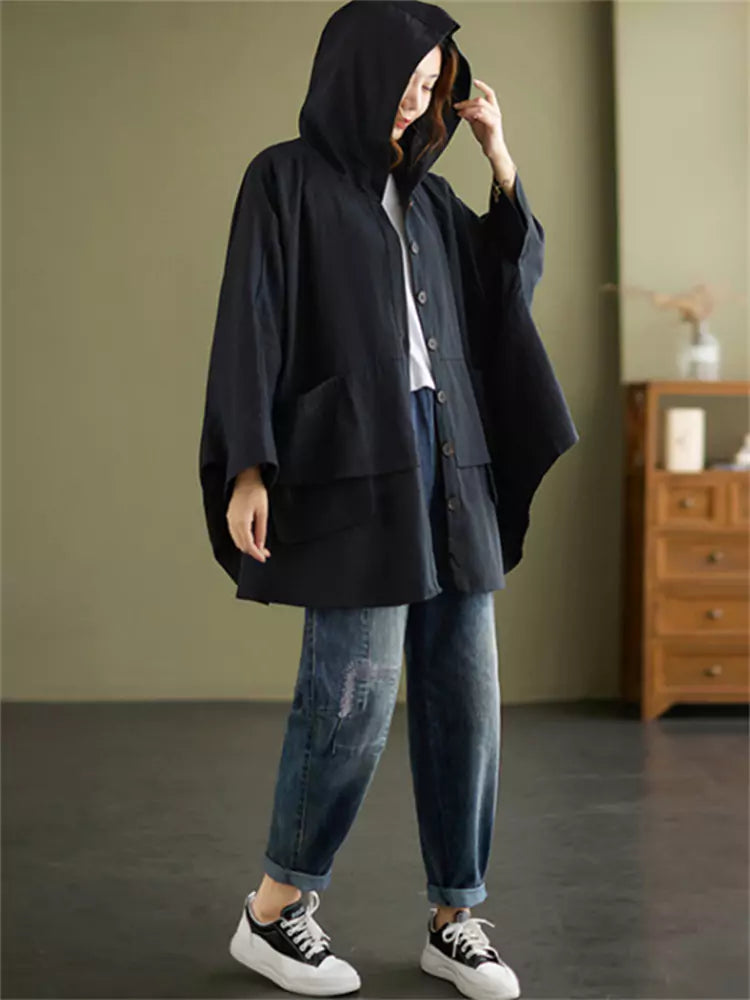 Chic Baggy Button Up Hooded Coat Big Pocket