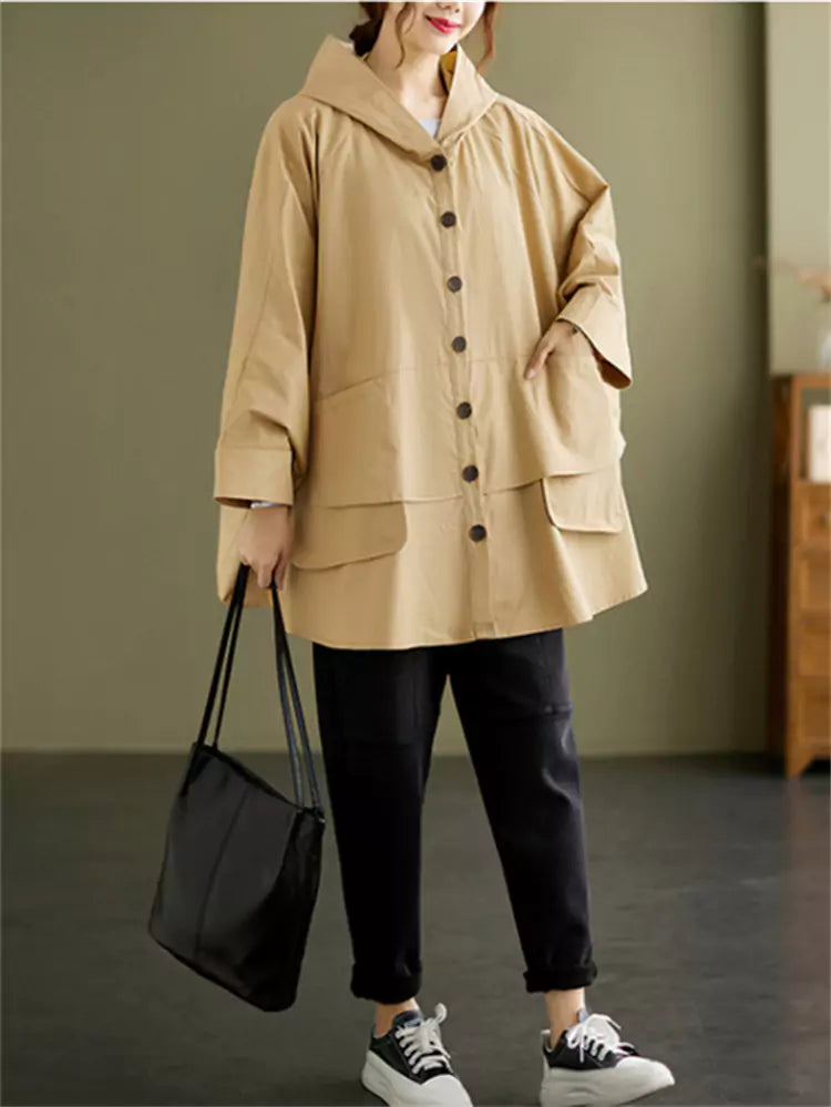 Chic Baggy Button Up Hooded Coat Big Pocket