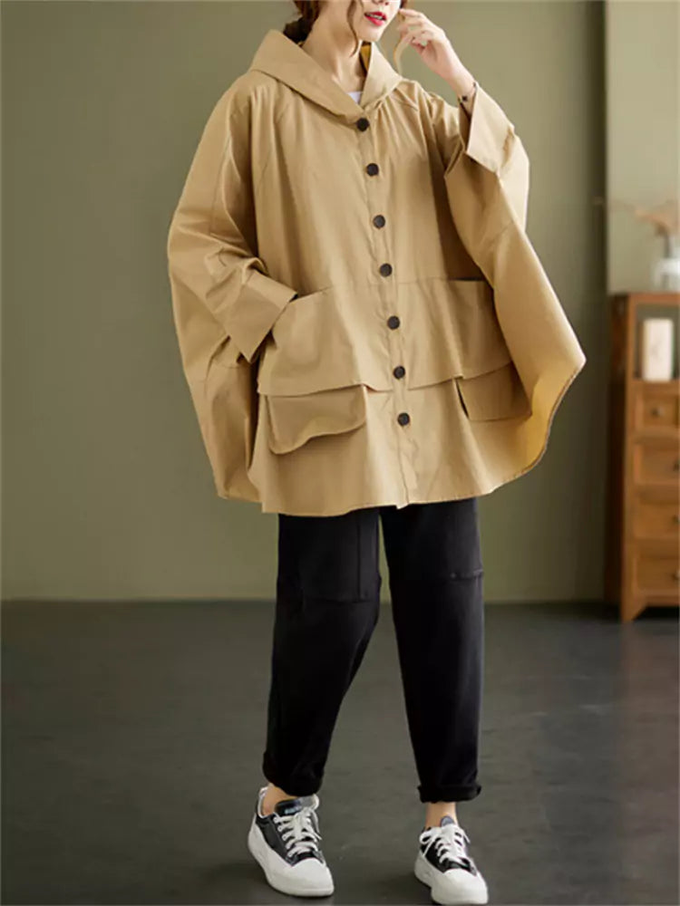 Chic Baggy Button Up Hooded Coat Big Pocket