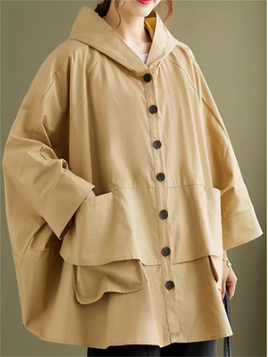 Chic Baggy Button Up Hooded Coat Big Pocket