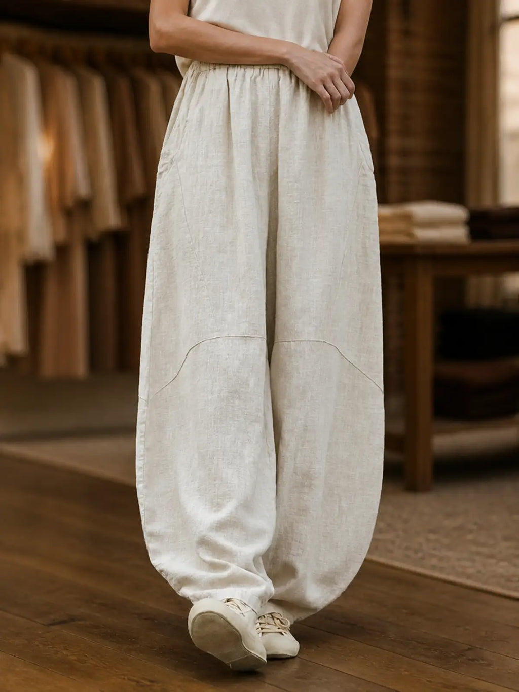 Balloon-Leg Cotton-Linen Pants with Elastic Waist - full body view
