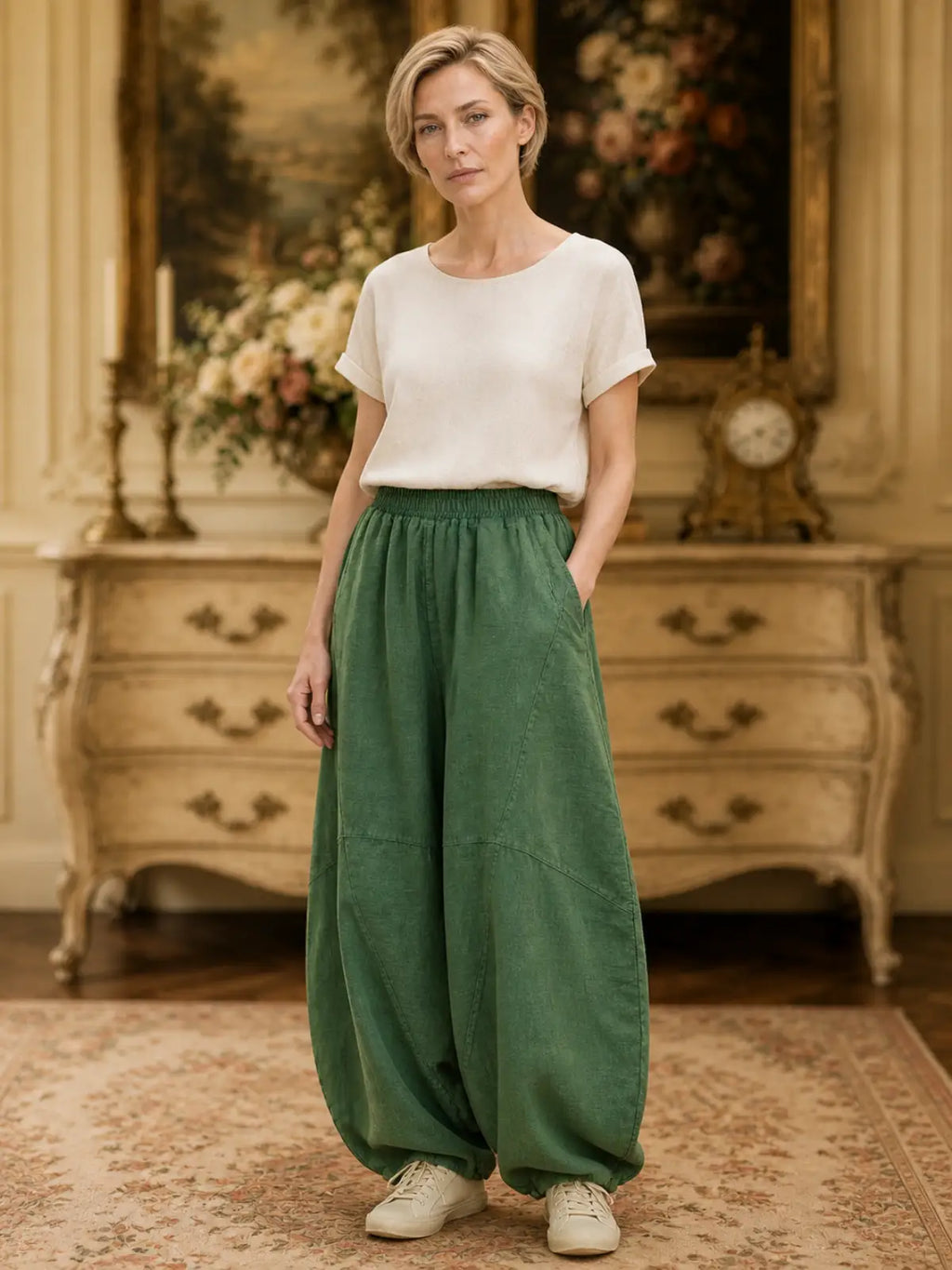 Balloon-Leg Cotton-Linen Pants with Elastic Waist - image 6 view