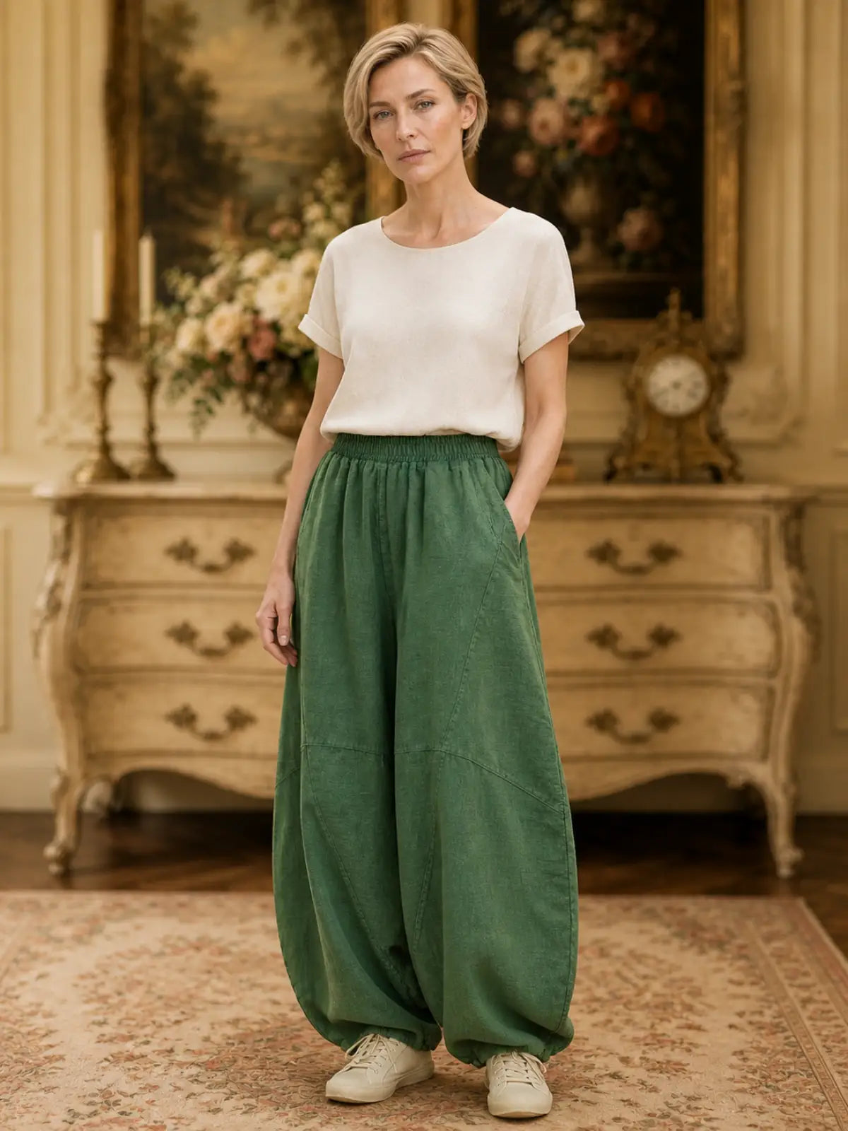 Balloon-Leg Cotton-Linen Pants with Elastic Waist - image 6 view