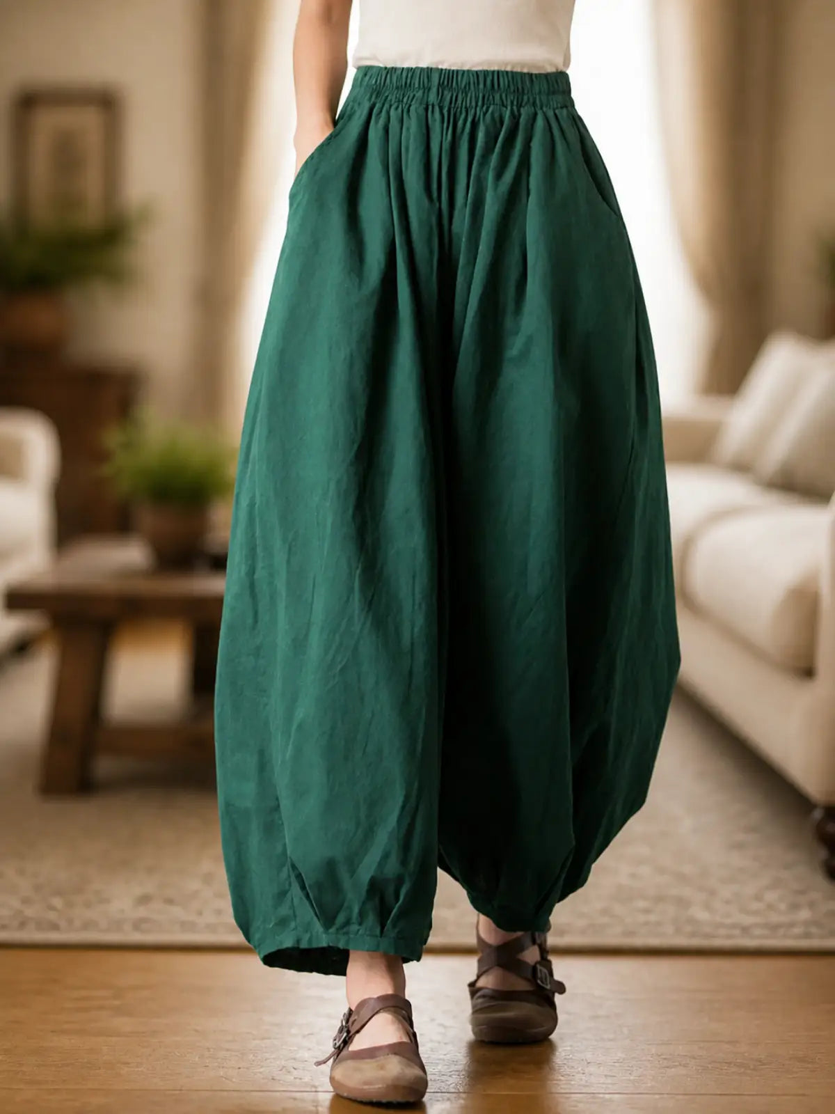 Balloon-Leg Cropped Pants with Linen-Look Texture - flat lay view