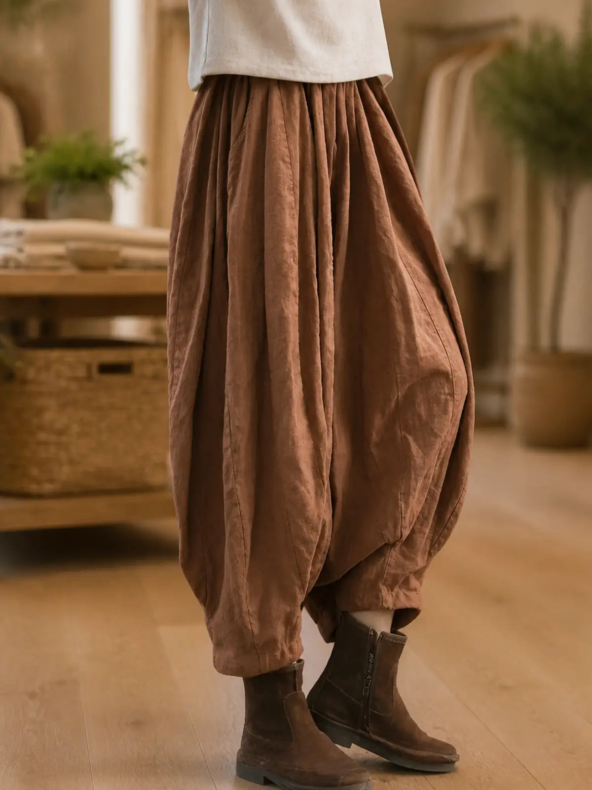 Balloon-Leg Pants in Linen-Look Textured Fabric - flat lay view