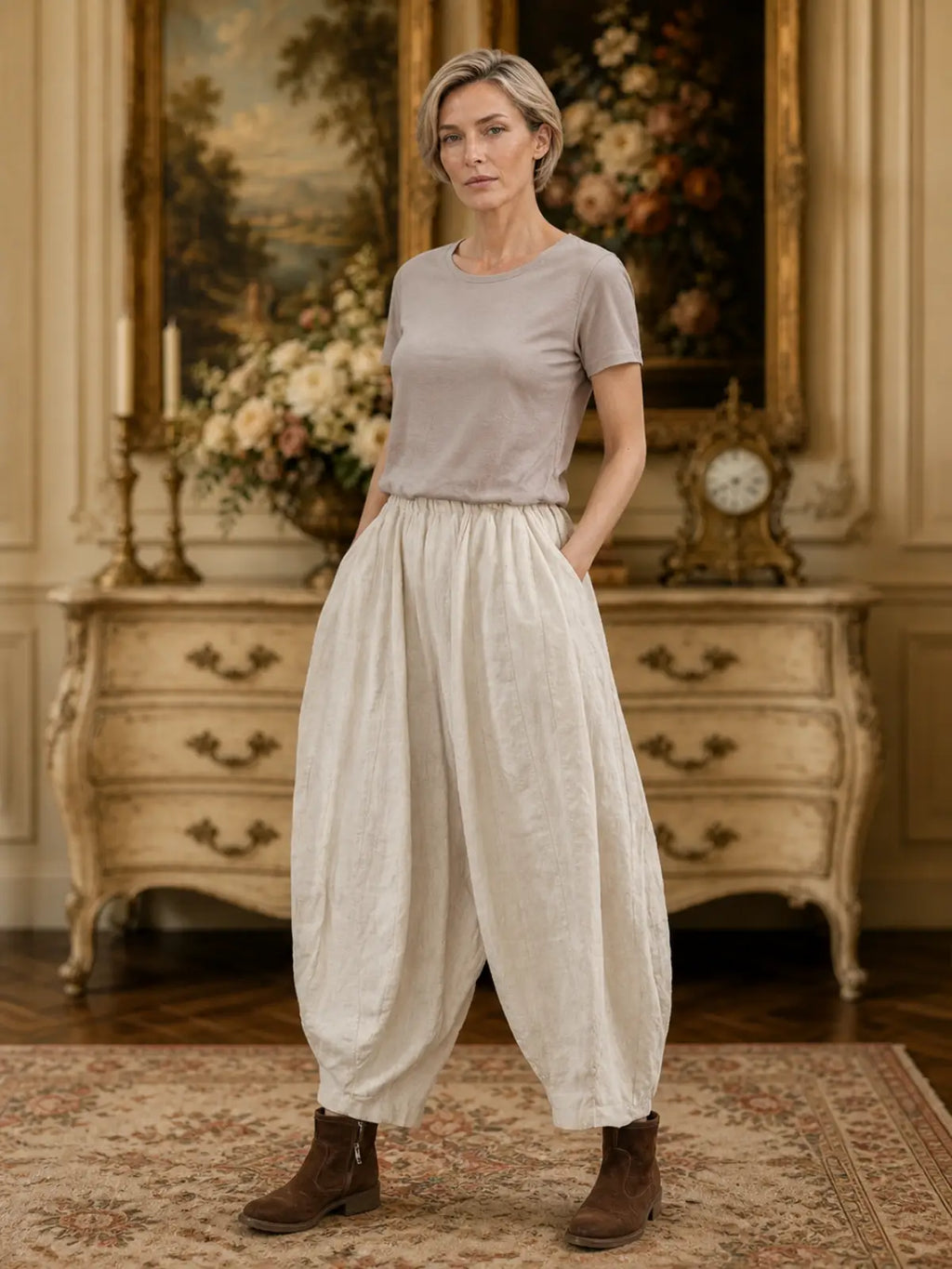 Balloon-Leg Pants in Linen-Look Textured Fabric - image 7 view