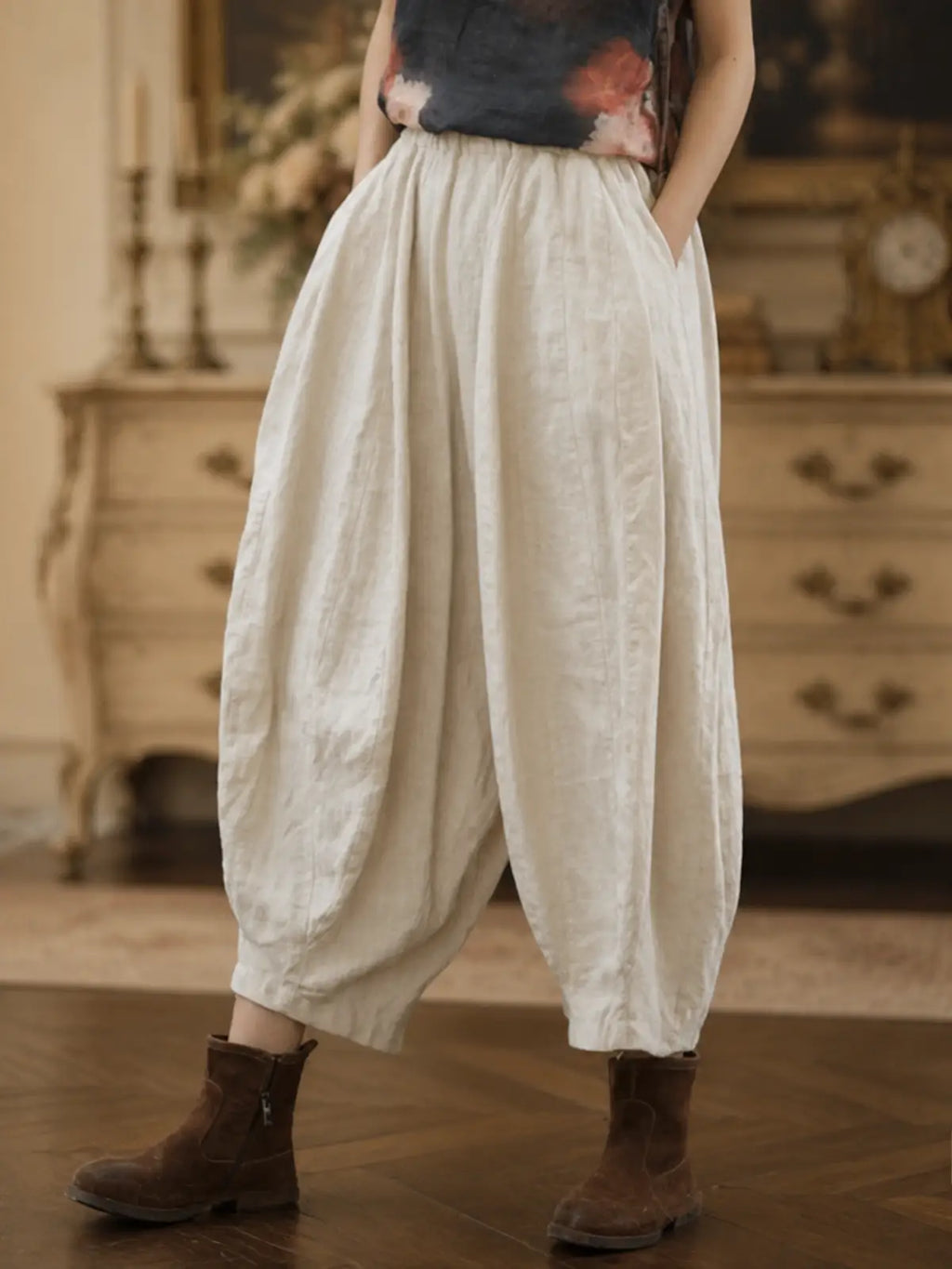 Balloon-Leg Pants in Linen-Look Textured Fabric - main model view
