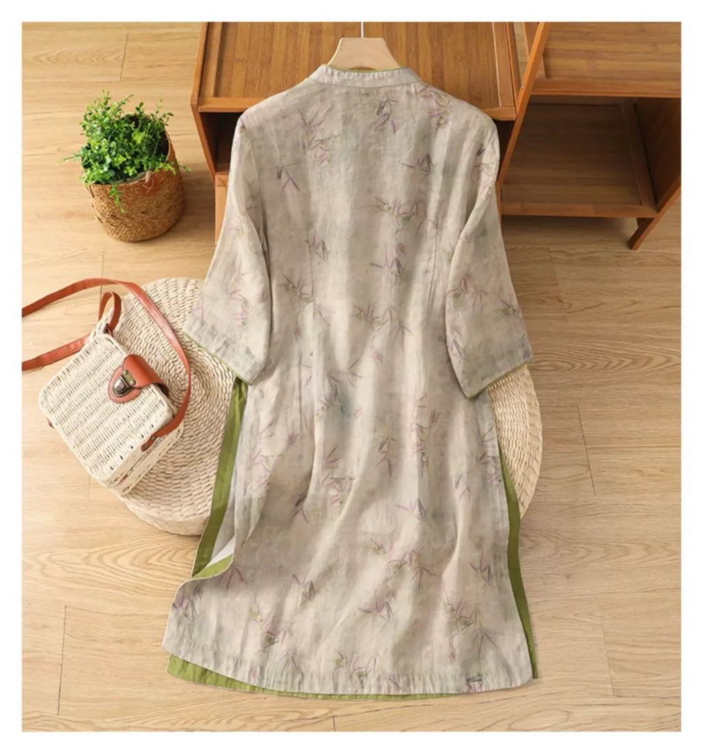 Bamboo Print Cotton Linen Three Quarter Sleeve Shirt - detail view