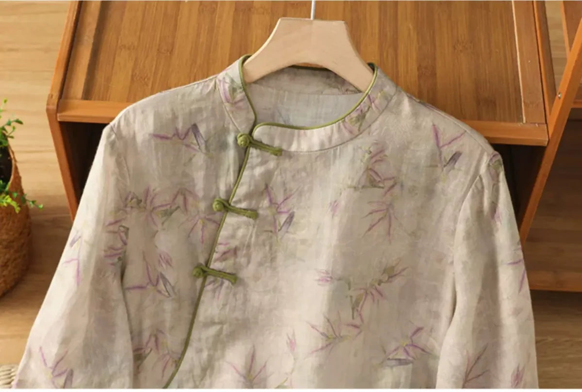 Bamboo Print Cotton Linen Three Quarter Sleeve Shirt - detail view