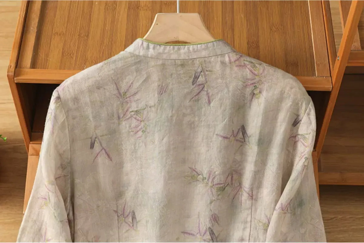 Bamboo Print Cotton Linen Three Quarter Sleeve Shirt - detail view