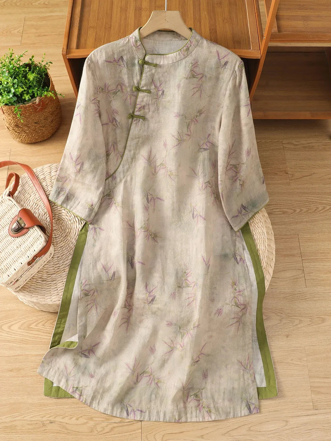 Bamboo Print Cotton Linen Three Quarter Sleeve Shirt - main product image