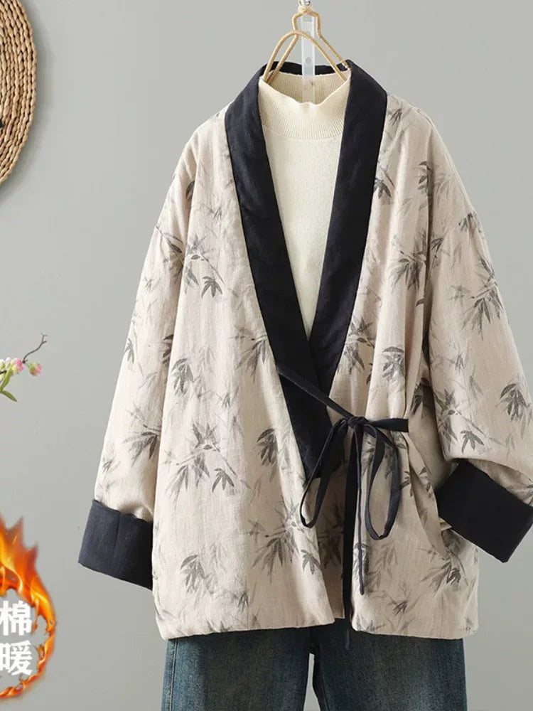 Bamboo Print Wrap Front Tie Belt Cotton Padded Jacket