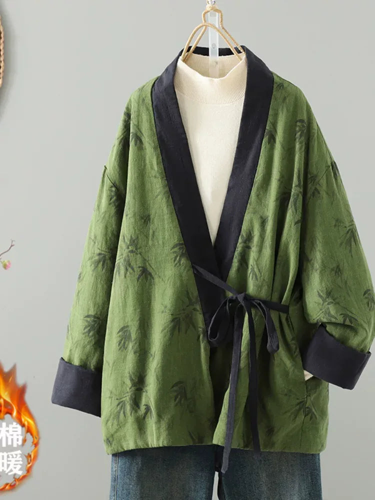 Bamboo Print Wrap Front Tie Belt Cotton Padded Jacket