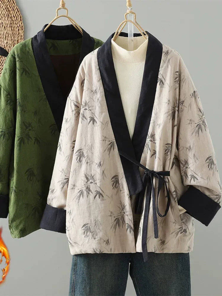 Bamboo Print Wrap Front Tie Belt Cotton Padded Jacket