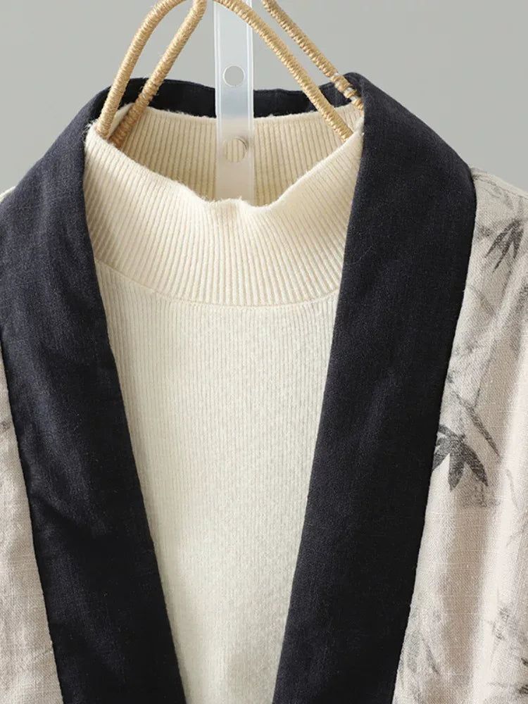 Bamboo Print Wrap Front Tie Belt Cotton Padded Jacket