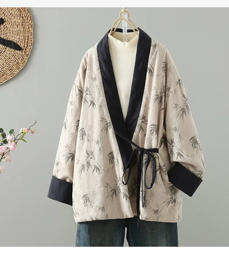 Bamboo Print Wrap Front Tie Belt Cotton Padded Jacket