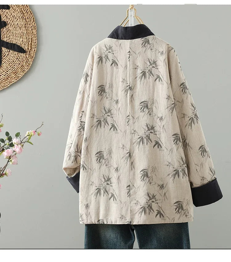Bamboo Print Wrap Front Tie Belt Cotton Padded Jacket