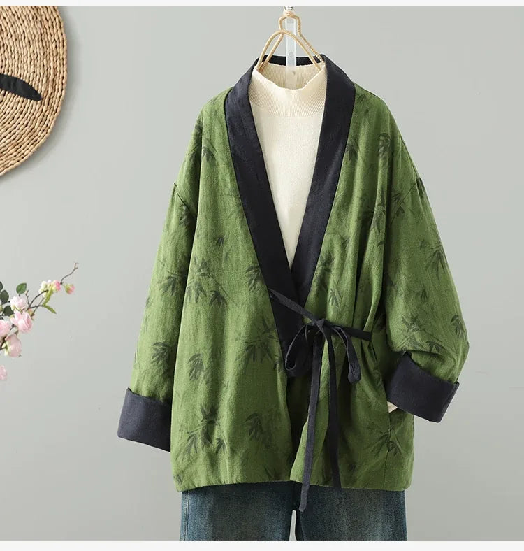 Bamboo Print Wrap Front Tie Belt Cotton Padded Jacket