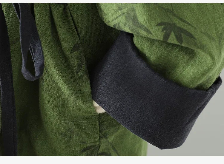 Bamboo Print Wrap Front Tie Belt Cotton Padded Jacket