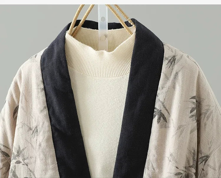 Bamboo Print Wrap Front Tie Belt Cotton Padded Jacket