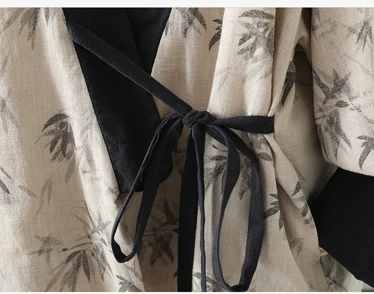 Bamboo Print Wrap Front Tie Belt Cotton Padded Jacket