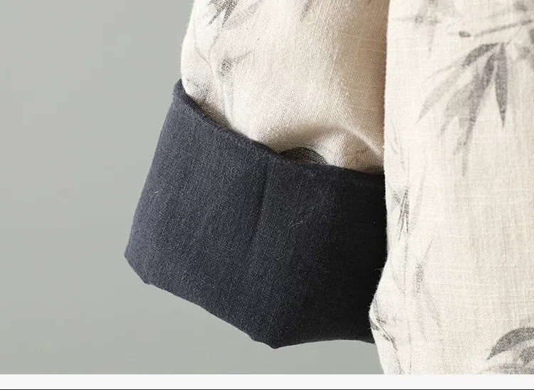 Bamboo Print Wrap Front Tie Belt Cotton Padded Jacket