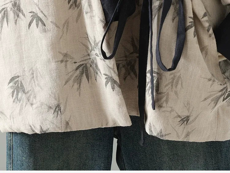 Bamboo Print Wrap Front Tie Belt Cotton Padded Jacket