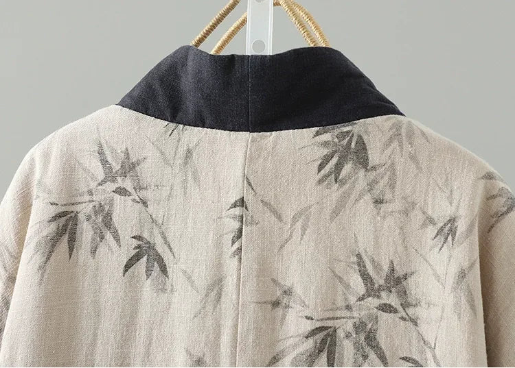 Bamboo Print Wrap Front Tie Belt Cotton Padded Jacket
