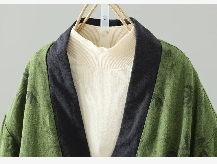 Bamboo Print Wrap Front Tie Belt Cotton Padded Jacket