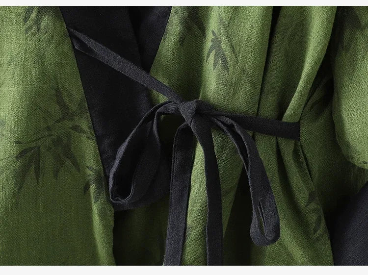 Bamboo Print Wrap Front Tie Belt Cotton Padded Jacket