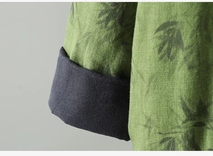 Bamboo Print Wrap Front Tie Belt Cotton Padded Jacket
