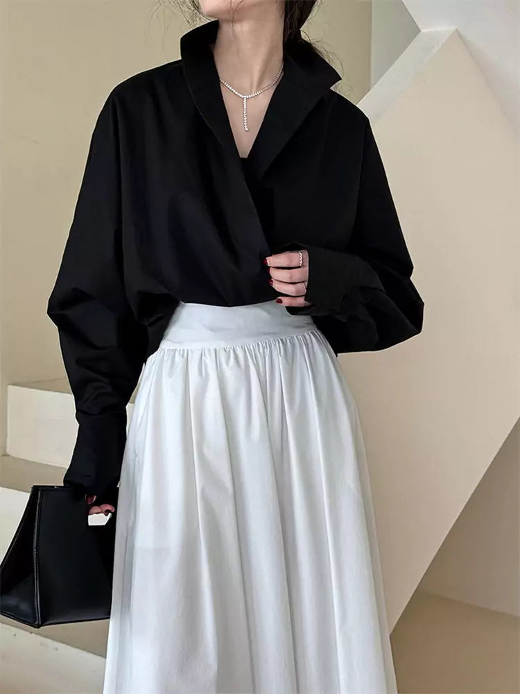 Black One-Piece Batwing Sleeve V-neck Shirt with Stand Collar