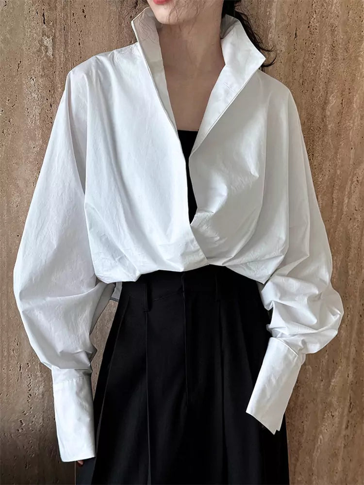 Black One-Piece Batwing Sleeve V-neck Shirt with Stand Collar