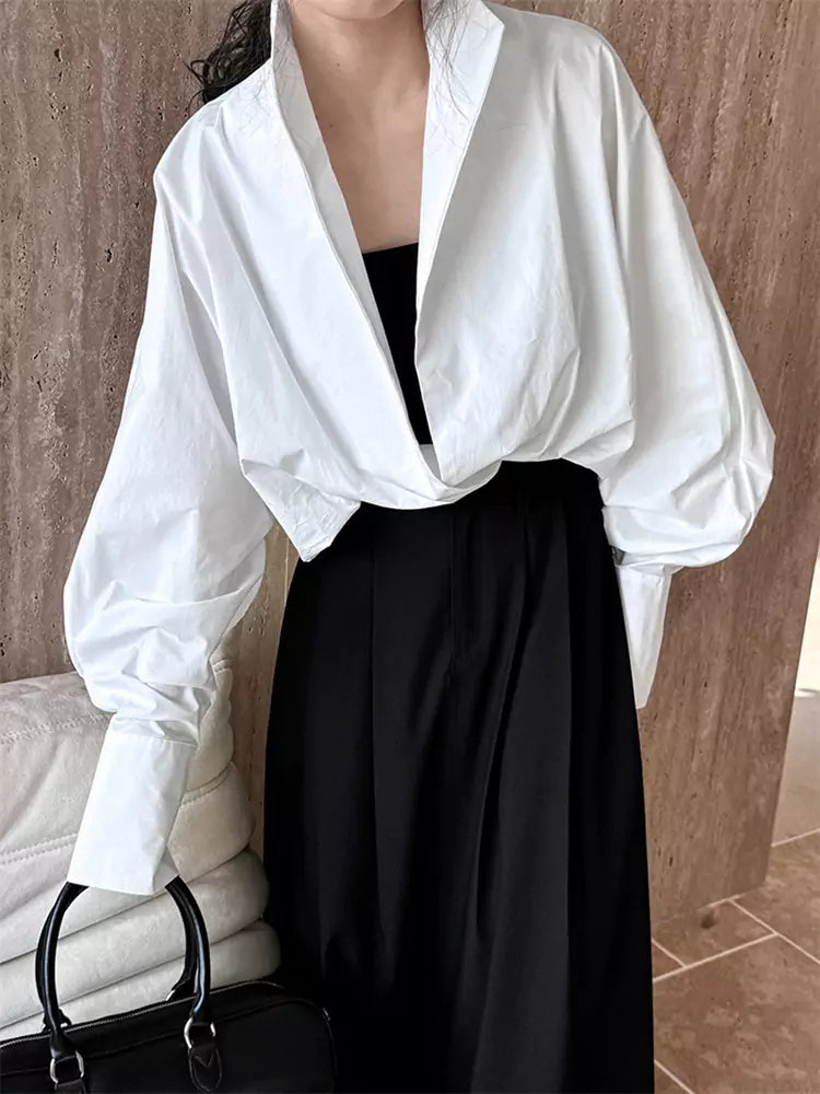 Black One-Piece Batwing Sleeve V-neck Shirt with Stand Collar