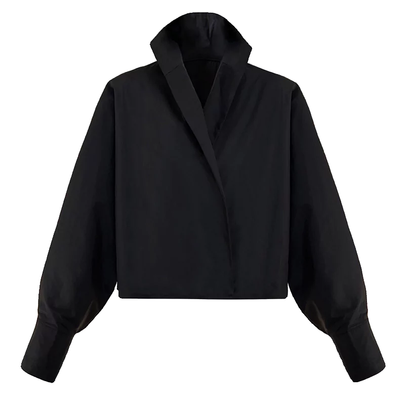 Black One-Piece Batwing Sleeve V-neck Shirt with Stand Collar