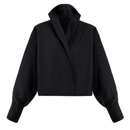 Schwarzes, einteiliges Hemd mit Fledermausärmeln, V-Ausschnitt und Stehkragen