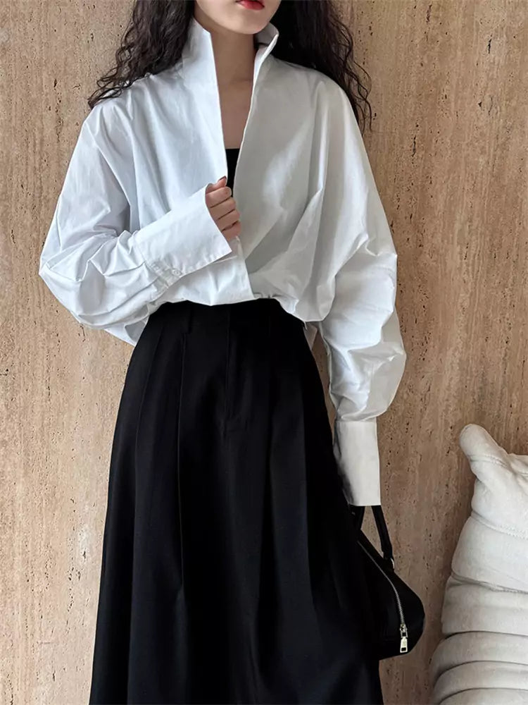 Black One-Piece Batwing Sleeve V-neck Shirt with Stand Collar